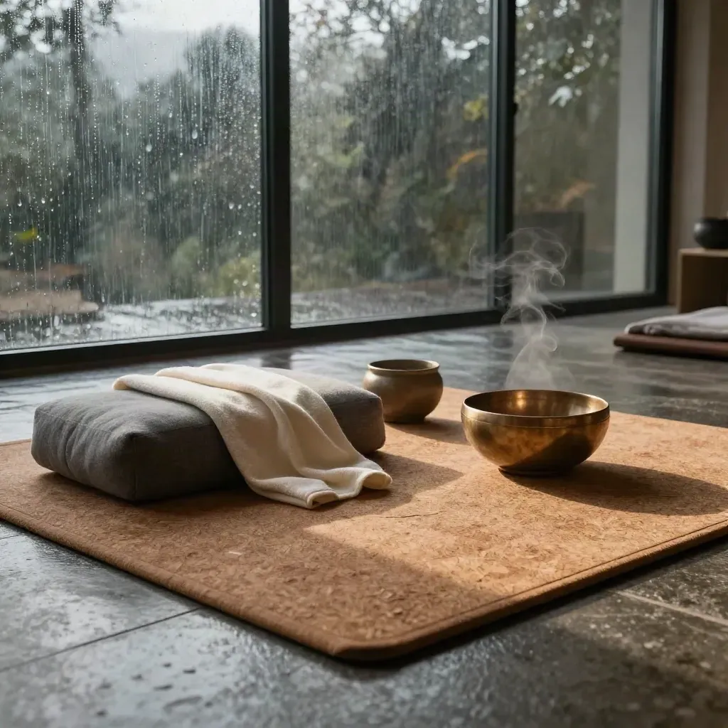 Rain-lit wellness studio with cork mat, brass bowl, tea steam and ivory throw.