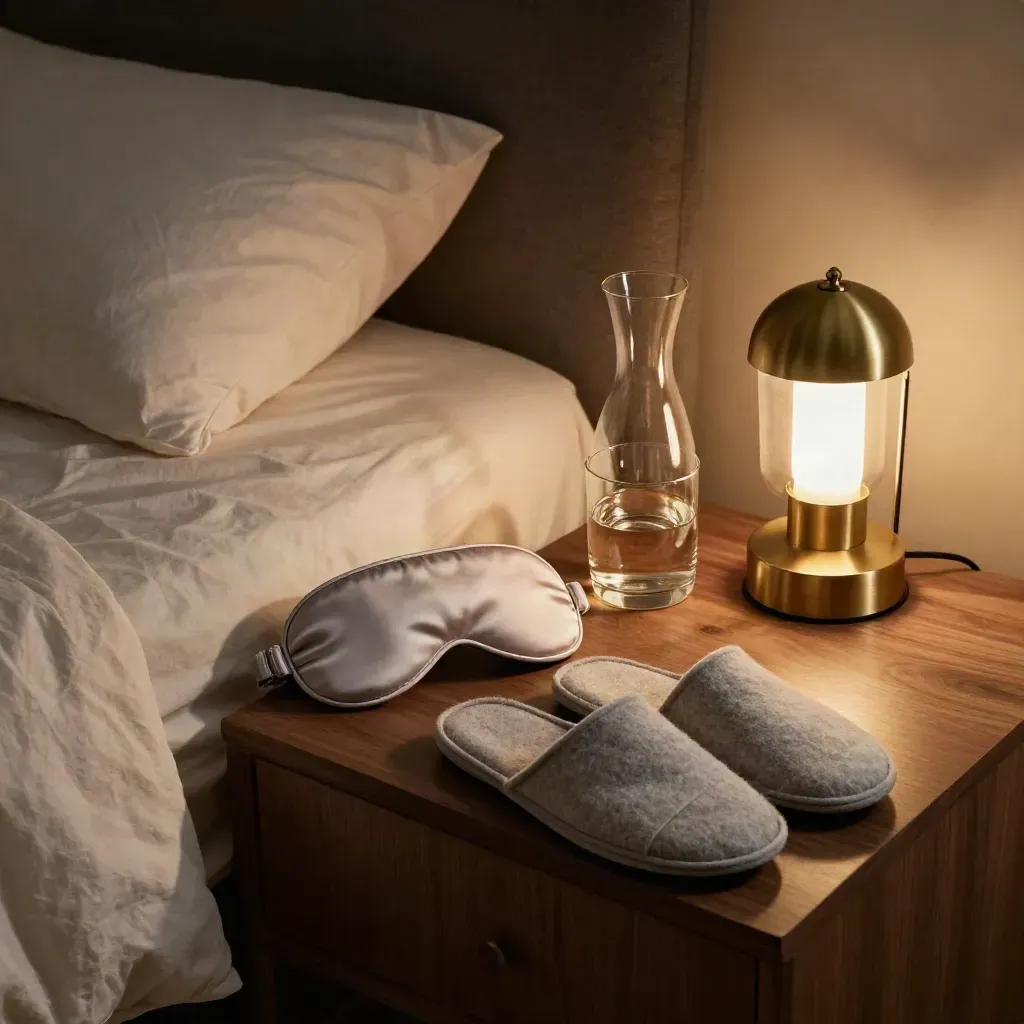 Bedside recovery kit with throw, sleep mask, slippers, carafe, glass and lamp in a calm bedroom corner.