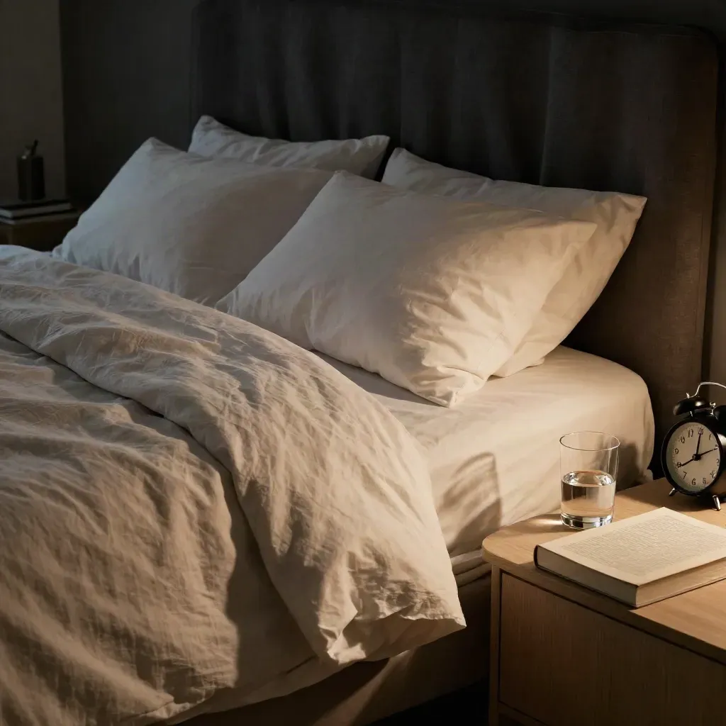 Dim bedroom with turned-down linen bed, blackout drapes, carafe, glass, alarm clock and closed book.
