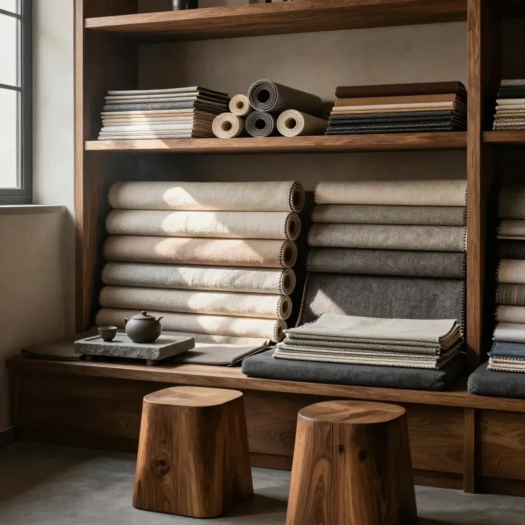 Empty design studio lounge with rolled fabrics, stools and tea tray in soft window glow.