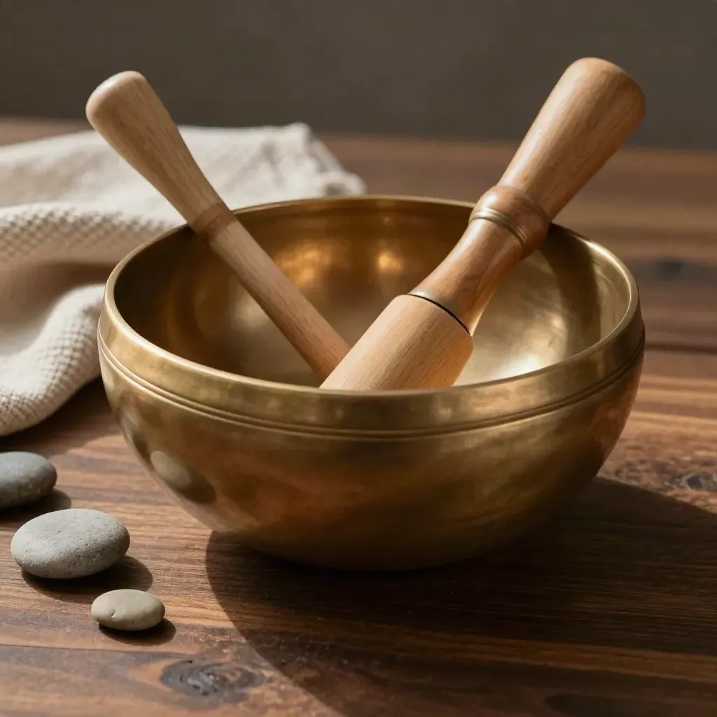 Brass singing bowl with striker, stones and linen on dark wood, lit in macro detail.