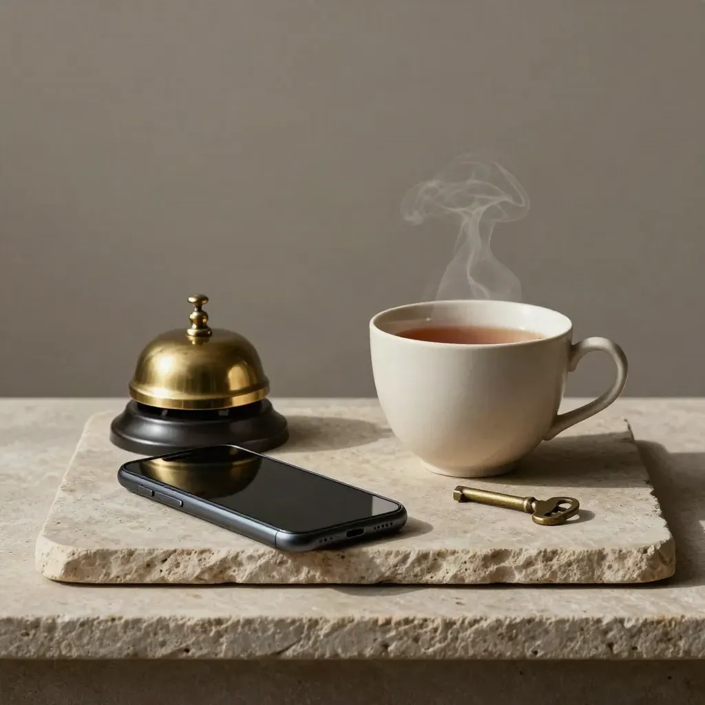 Face-down phone, brass bell, steaming tea and tiny key on a stone tray.