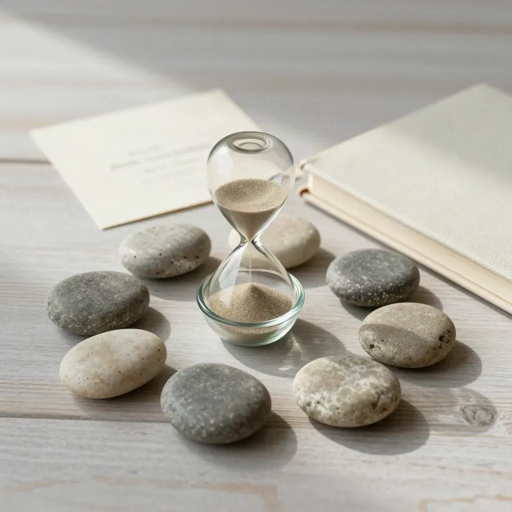Overhead still life of pebbles, hourglass, notebook and bowl in a weekly arc.