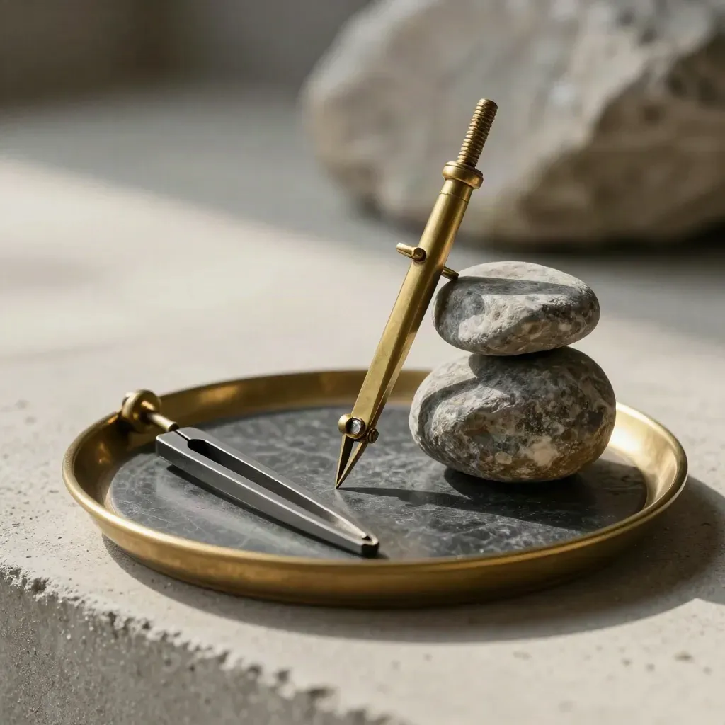 Brass compass, balanced stones and tuning fork on a dark tray in soft side light.
